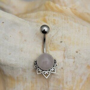 Rose quartz belly button ring with filigree heart design 14G 10mm NWT